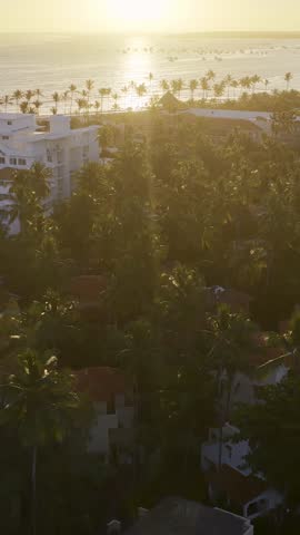 Sunrise Beach At Bavaro In Punta Cana Dominican Republic. Sunrise Skyline. Beach Landscape. Resorts Buildings. Sunrise Beach In Bavaro In Punta Cana Dominican Republic. Nature Background.