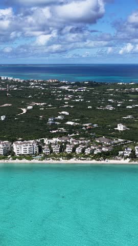 Long Bay Beach At Turks And Caicos In Overseas Territory United Kingdom. Stunning Cityscape. Beach Landscape. Highrise Buildings. Long Bay Beach In Turks And Caicos United Kingdom. Caribbean Sea.