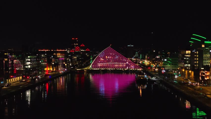 4K cinematic drone footage of Dublin’s Samuel Beckett Bridge at night Ireland_058