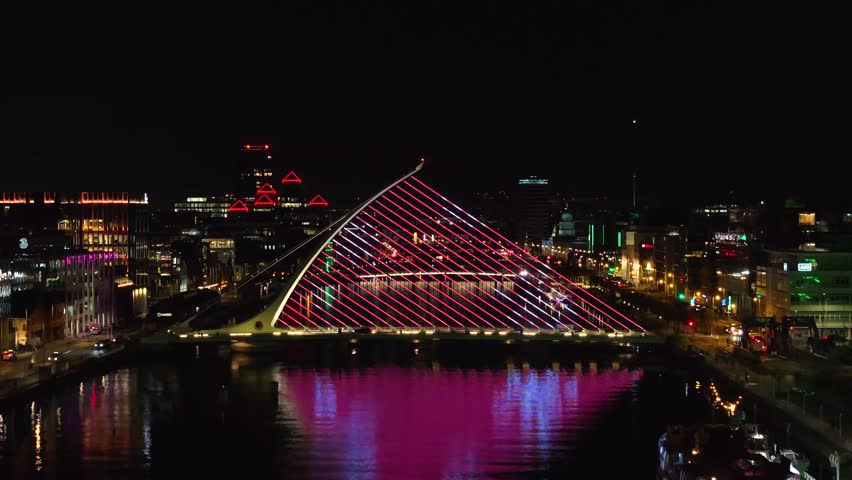 4K cinematic drone footage of Dublin’s Samuel Beckett Bridge at night Ireland_056