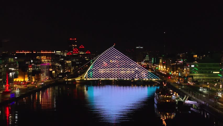 4K cinematic drone footage of Dublin’s Samuel Beckett Bridge at night Ireland_057