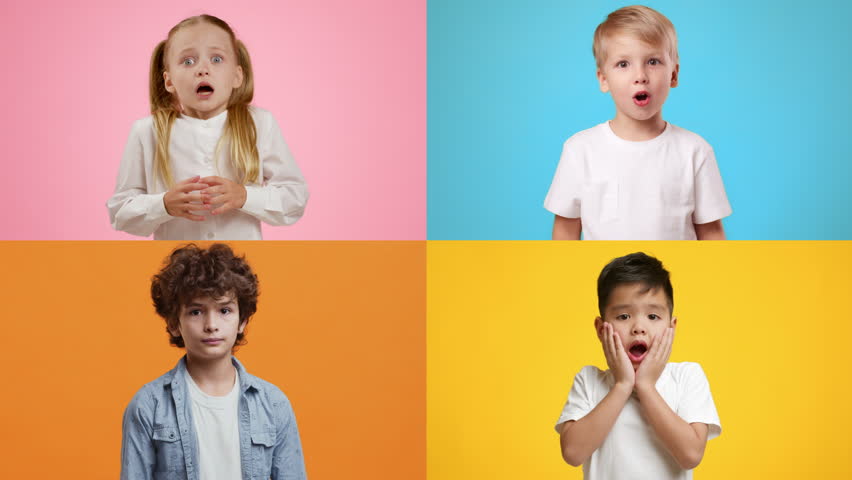 Diverse kids expressing a range of emotions in vibrant collage