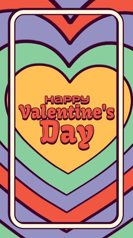 Retro Valentine vertical looping animation with layered colorful heart shapes and bold “Happy Valentine’s Day” typography. Seamless romantic motion background for stories, reels, greetings, and festive love promotions.