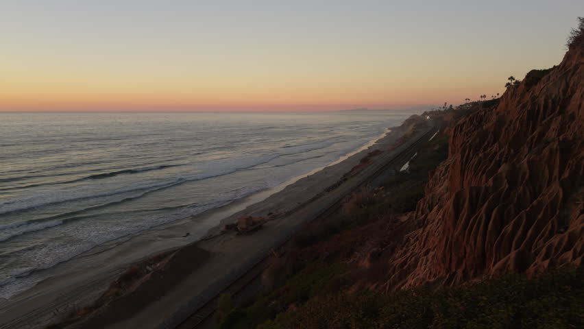 Del Mar California landscape with train tracks, Pacific Coaster approaching.