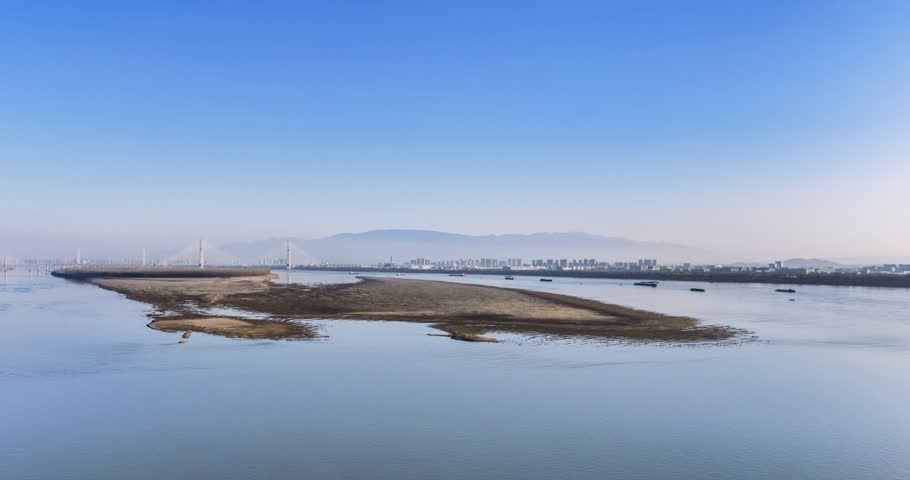 aerial time-lapse of sandbar in the Yangtze River during winter low water,Hubei province, China