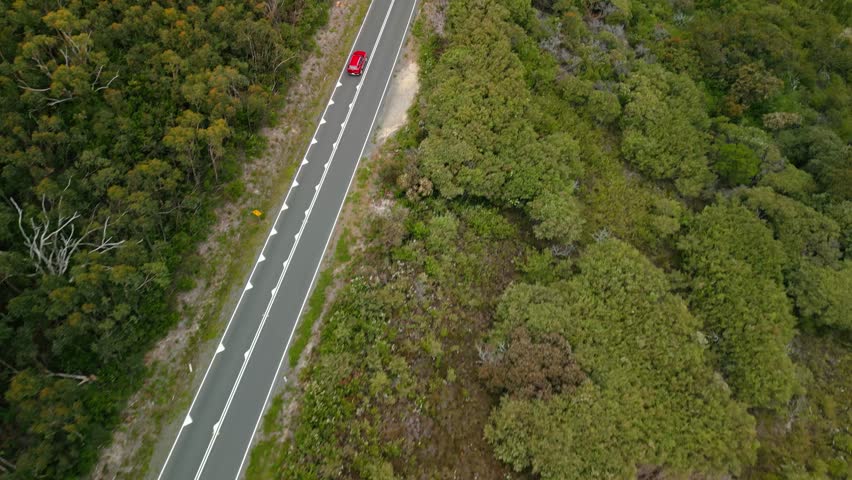 Top down aerial of car driving on paved road slicing through thick coastal bush and uneven terrain, tilt up to reveal landscape, Wilsons Promontory Victoria Australia