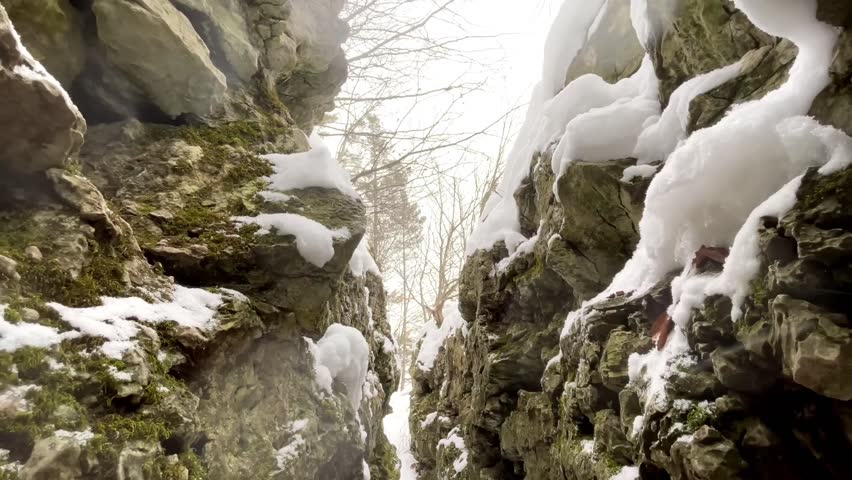 Low angle view of a narrow mossy rock crevice with snow and winter trees