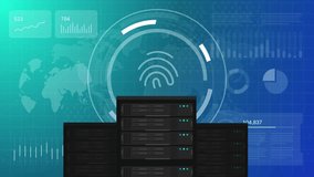 Animated biometric fingerprint security scanning on digital server farm background with data visualization and world map for cyber safety - Powered by Shutterstock - Get 15% off with code: PIKWIZARD15
