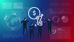 Businessmen analyzing debt burden icon of person carrying heavy dollar coin symbol on digital background for financial crisis and economic pressure - Powered by Shutterstock - Get 15% off with code: PIKWIZARD15