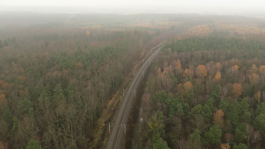 Straight railway passing through vibrant fall forest