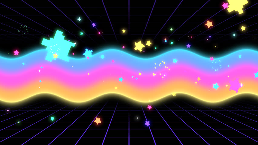 Rainbow gradient synthwave with flying pixel stars animation. (loop)
