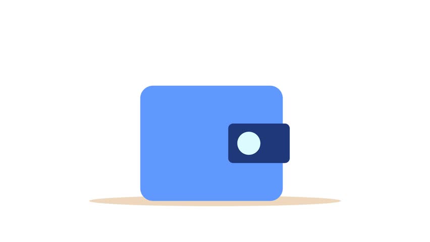 Animated wallet opening and filling with money, coins, and credit cards isolated on white background