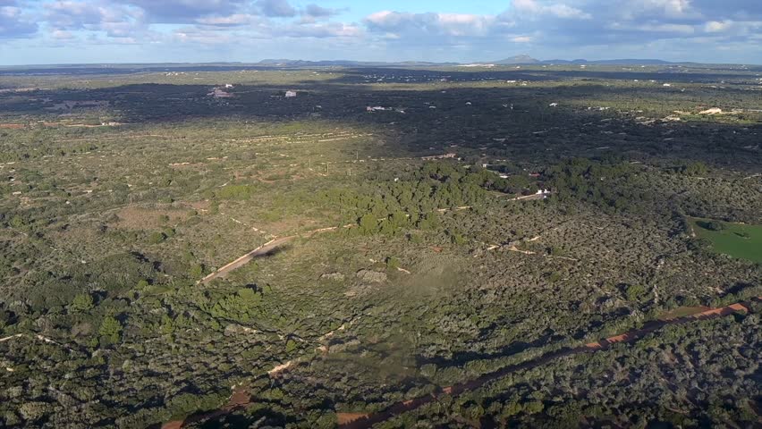 left side aerial view of the shadow of a jet airplane during the final approach to Menorca airport, over a flat and rural ladscape.