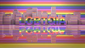Colorful isometric city shapes animate around bold text LGBTQIA, creating a dynamic urban motion graphic with vibrant stripes, modern design, and abstract visual effects for creative presentations. - Powered by Shutterstock - Get 15% off with code: PIKWIZARD15