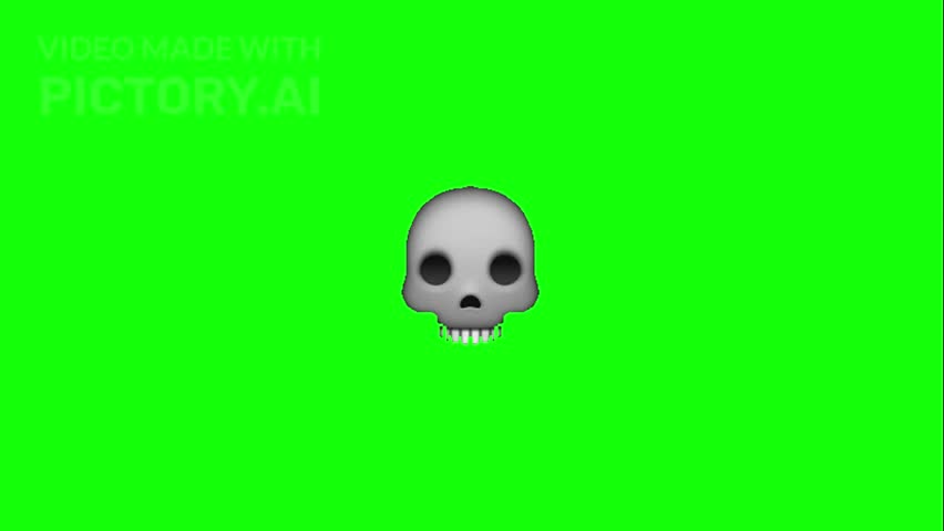 A high-resolution 3D skull emoji centered on a solid neon green chroma key background. The skull is rendered in shades of white and light grey with detailed hollow eye sockets and visible teeth. The lighting is soft and professional, creating a clean, sharp-edged digital asset perfect for video editing, horror-themed overlays, and gaming content.