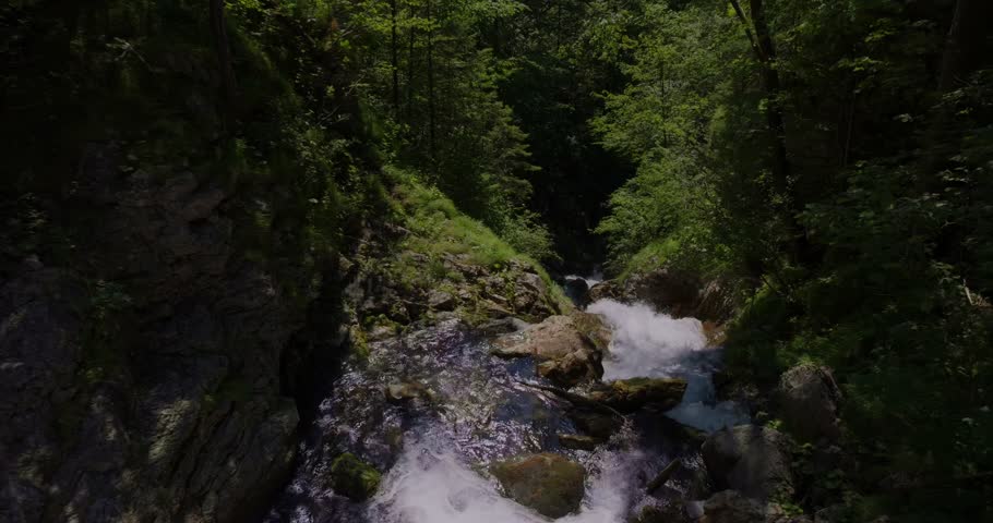 Forward tracking shot glides along whitewater flow over rocks amid lush Picea abies forest and grassy slopes in Lower Austria