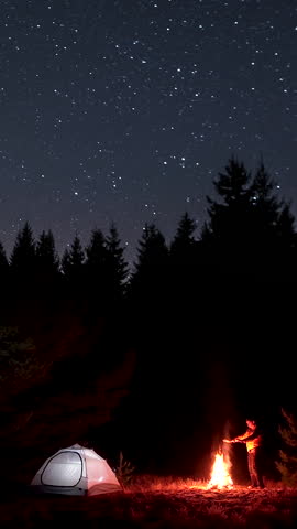 Night Camping Under Starry Sky With Fire And Tent, Silhouetted traveler warming hands near blazing campfire beside forest at darkness, , vertical video