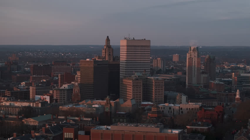 Aerial view of Downtown Providence at sunrise. Shot on an autumn morning in Rhode Island.