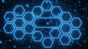 Hexagonal network of interconnected white representing digital work concepts including email handshake money lock lightning bulb wifi computer bank and people on a dark blue bokeh background - Powered by Shutterstock - Get 15% off with code: PIKWIZARD15