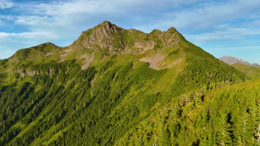 Aerial view of a majestic mountain range covered in lush green trees, showcasing nature