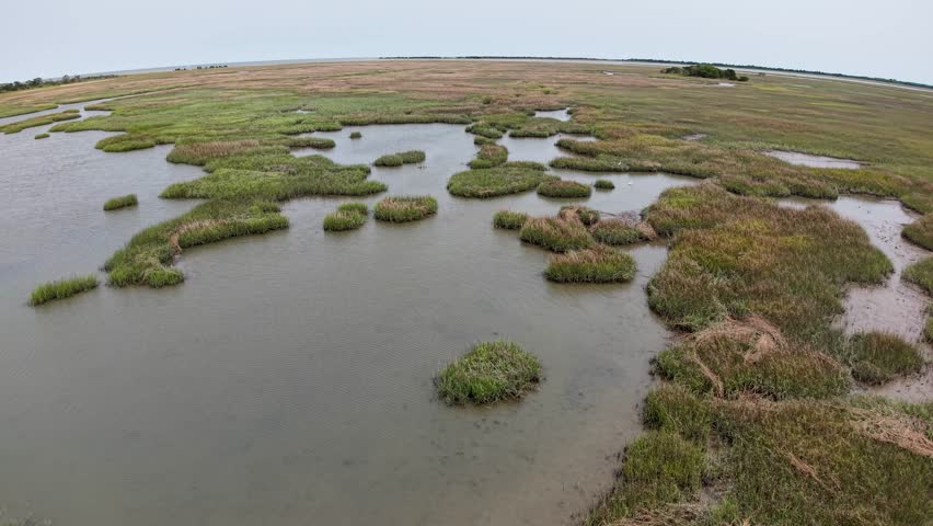 Aerial footage over a South Carolina marsh near Charleston shows round grassy islands dotted across tidal channels and calm brown water, with a flat horizon and serene wetland landscape.