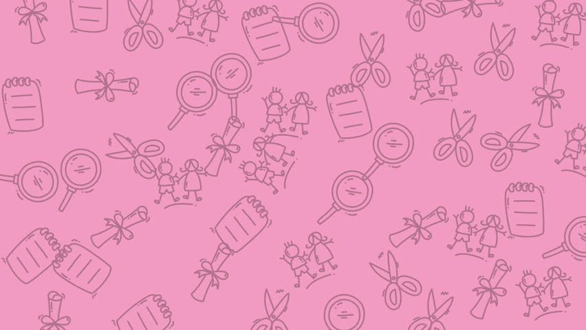 Doodles of scissors, notebooks, children, and magnifying glasses on pink ideal for school supplies, education materials, childrens books, and marketing.