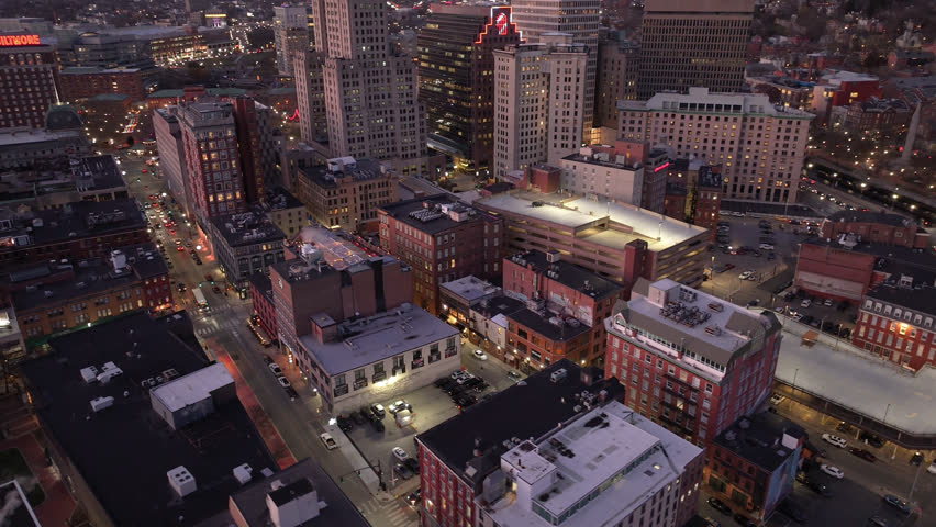 Aerial view of Providence, Rhode Island at night. Shot on an autumn day.
