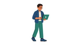 An animated young man confidently walks while holding and interacting with a laptop. This seamless loop illustrates a proactive mobile worker or student in a modern technological setting. - Powered by Shutterstock - Get 15% off with code: PIKWIZARD15