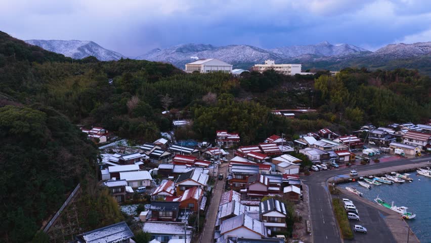 Ama Town in Oki Islands, Winter Snow on Mountains, Aerial Establishing Shot