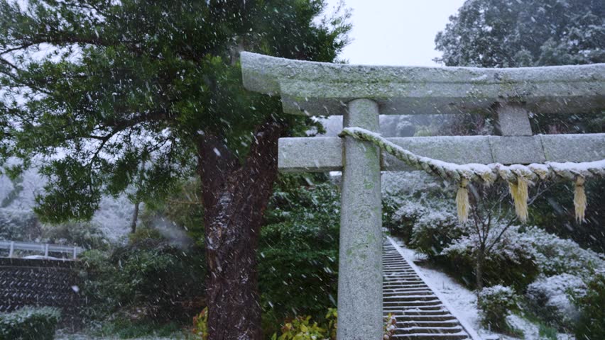 Snow Storm on Oki Islands, Mikura Shrine Torii Gate in Ama Town, Japan