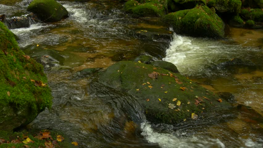 Flowing woodland river with moss coated rocks and fresh whitewater motion