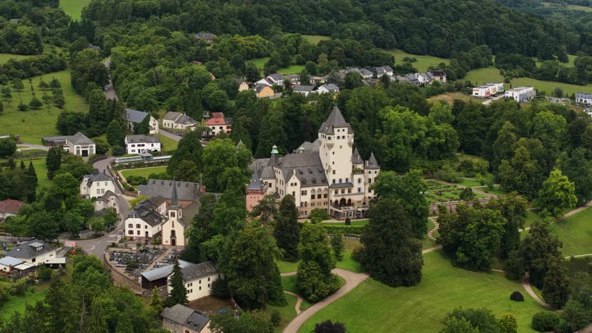 Aerial Drone View of Castle Berg, Colmar-Berg, Luxembourg