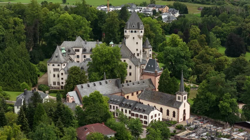 Aerial Drone View of Castle Berg, Colmar-Berg, Luxembourg