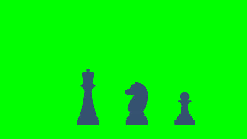 Chess pieces. Figures fall from top to bottom, one at a time. King, queen, bishop, pawn, knight, knight, rook. Icon set. Board game. Outline set of chess icons. 2D flat animation. Alpha channel