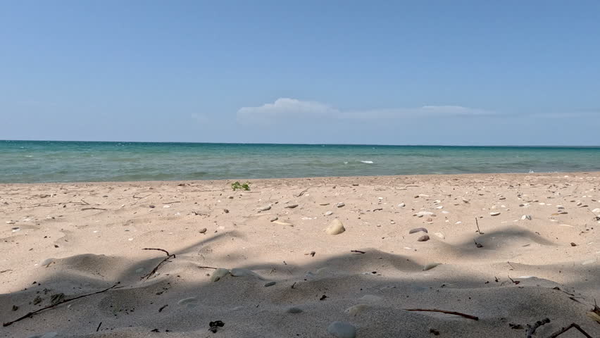 Shade on a Sandy Beach. Views of Lake Michigan from underneath a shady tree waving in the wind. Waves roll onto the sandy beach. Unspoiled nature located within Wilderness State Park in Northern Michigan, USA.