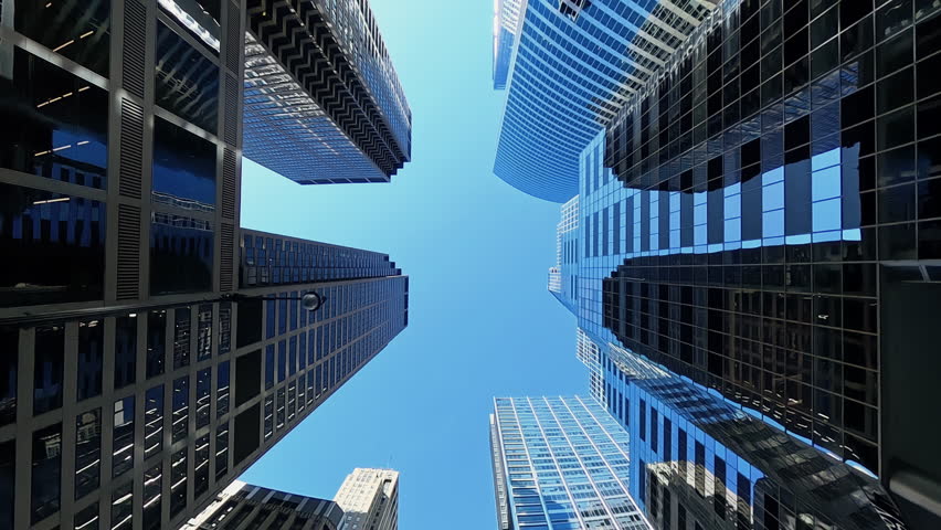POV Looking up at tall skyscrapers with tree branches while driving at the city street. City architecture, modern buildings, and the scale of metropolitan environments.