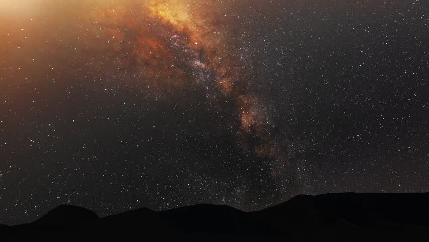 Rocks and mountains under milky way galaxy timelapse. Beautiful night sky landscape. 