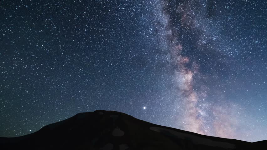 Rocks and mountains under milky way galaxy timelapse. Beautiful night sky landscape. 