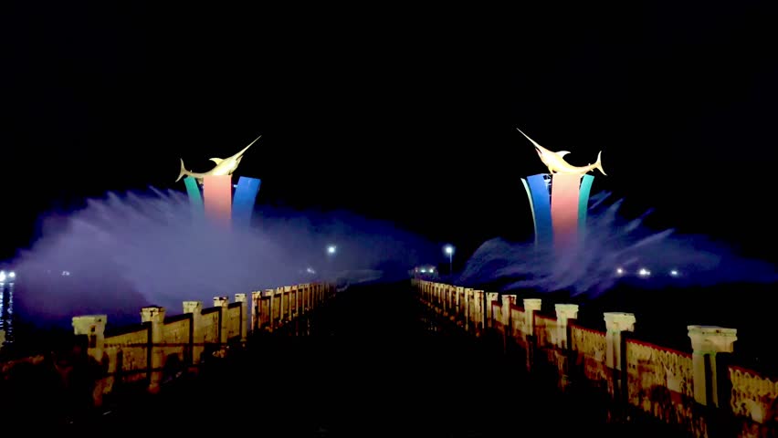 A dancing water technology show at Siring Laut, Kotabaru Regency, Indonesia, with the beauty of colorful lights decorating New Year