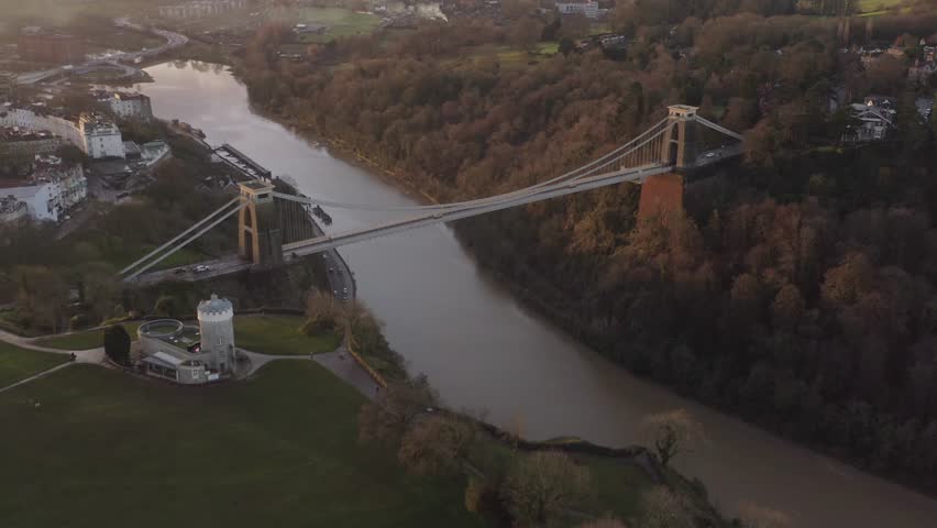 Aerial of Clifton Suspension Bridge and the Observatory over the River Avon in Bristol UK 