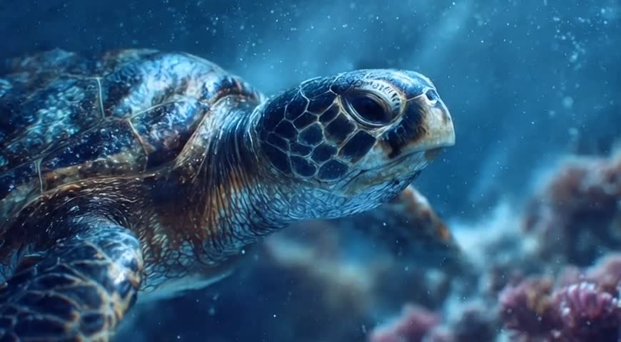 A close-up underwater photo of a sea turtle swimming near coral reefs in the ocean