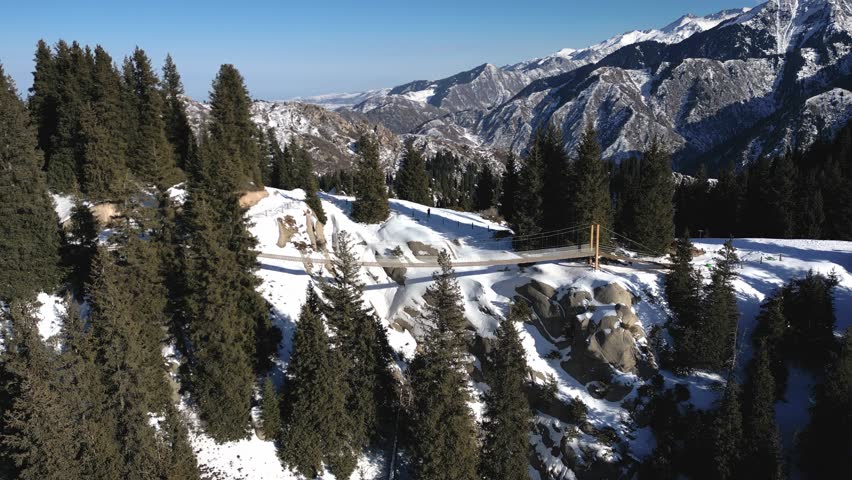 Aerial view of a snow-covered mountain landscape and a suspension bridge spanning a gorge among fir trees