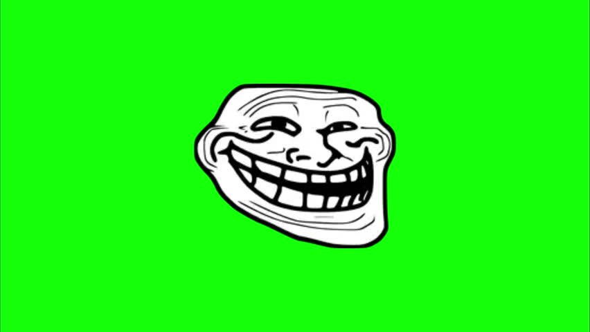 2D vector illustration of the classic "Troll Face" meme character on a solid bright lime green background. The face features the iconic mischievous, smug expression with a large, uneven grin showing teeth, heavy-lidded eyes looking to the side, and a wrinkled forehead. The art style is black and white line art (rage comic style) with thick outlines. High contrast, flat colors, optimized for chroma keying.