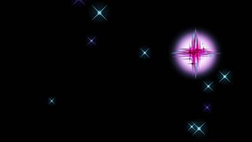 3D 4K cosmic abstract composition with glowing circular shape emitting radiant light beams. Dark background scattered with multicolored star-like shapes in varying sizes. Mystical celestial atmosphere - Powered by Shutterstock - Get 15% off with code: PIKWIZARD15