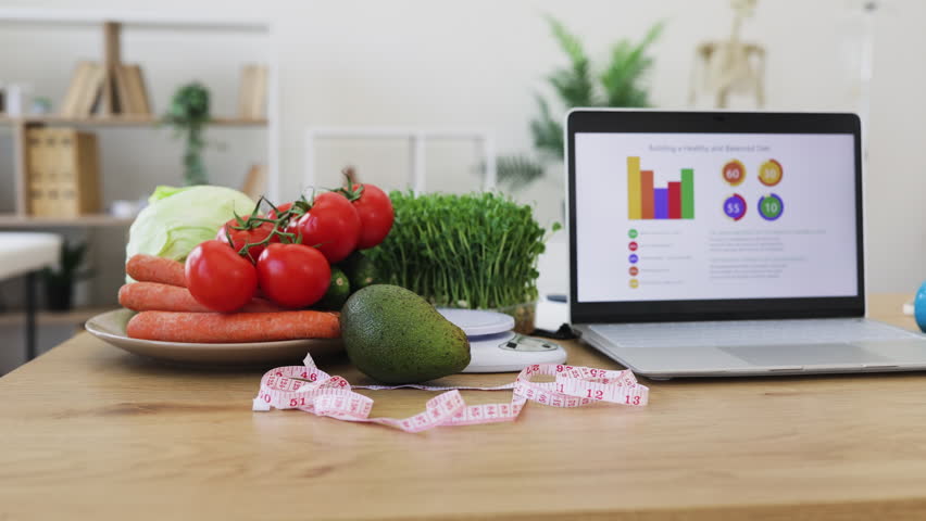 A laptop displays a healthy diet chart next to fresh vegetables and a measuring tape, promoting a balanced lifestyle.