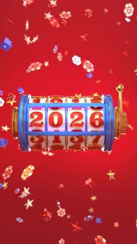 Slot machine spinning to 2026 New Year celebration, Vertical video