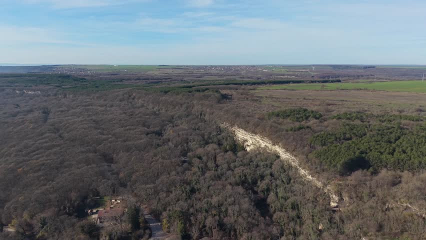 Aerial drone view of rural landscape with forest edge, fields, dirt road, peaceful countryside scenery, natural environment, wide horizon.