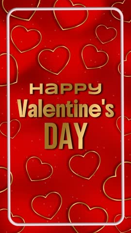 Romantic Valentine’s Day vertical looping animation featuring gold text on a red background with floating heart patterns and soft particles, perfect for social media stories, greetings, promos, and festive love visuals.
