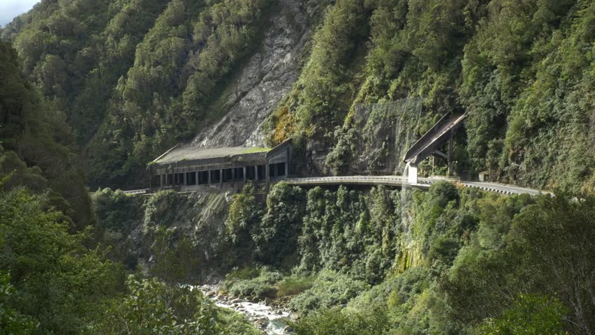 Curved And Four-span Concrete Bridge Of The Otira Viaduct In The Canterbury Region In The South Island, New Zealand. Wide Shot