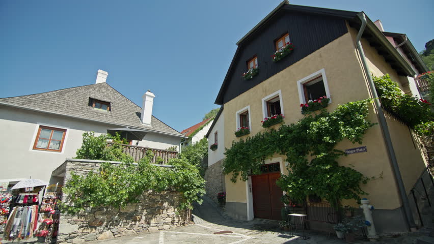 Cityscape of the streets of Durnstein Wachau Valley Austria. Beautiful houses decorated with flowers.